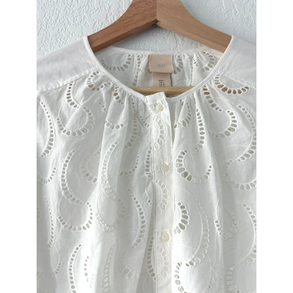 H&M White Cotton Eyelet Button Front Balloon Sleeve Blouse Large NWT Boho Summer